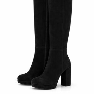 Steve Madden Black Knee High Boots Size 9 Block Heel Platform Suede Zip Up